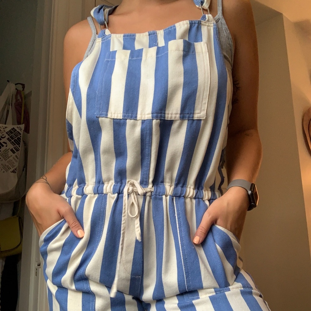 Blue and white striped overalls